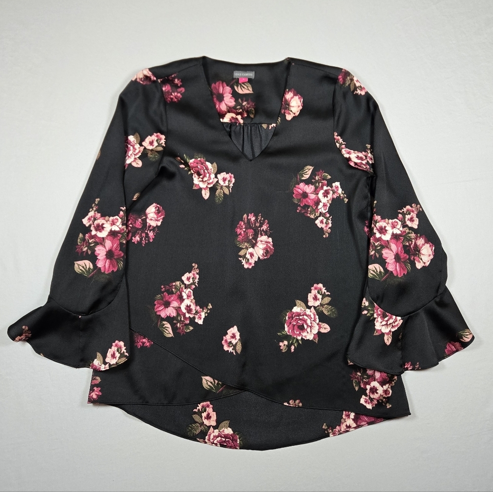 Vince Camuto Black Magenta Floral Flutter Sleeve V-Neck Blouse Tunic Top Small